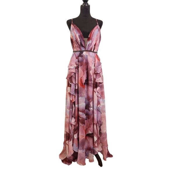 JOVANI Floral Plunging Neckline Chiffon Dress, Size 8 - Picture 1 of 14